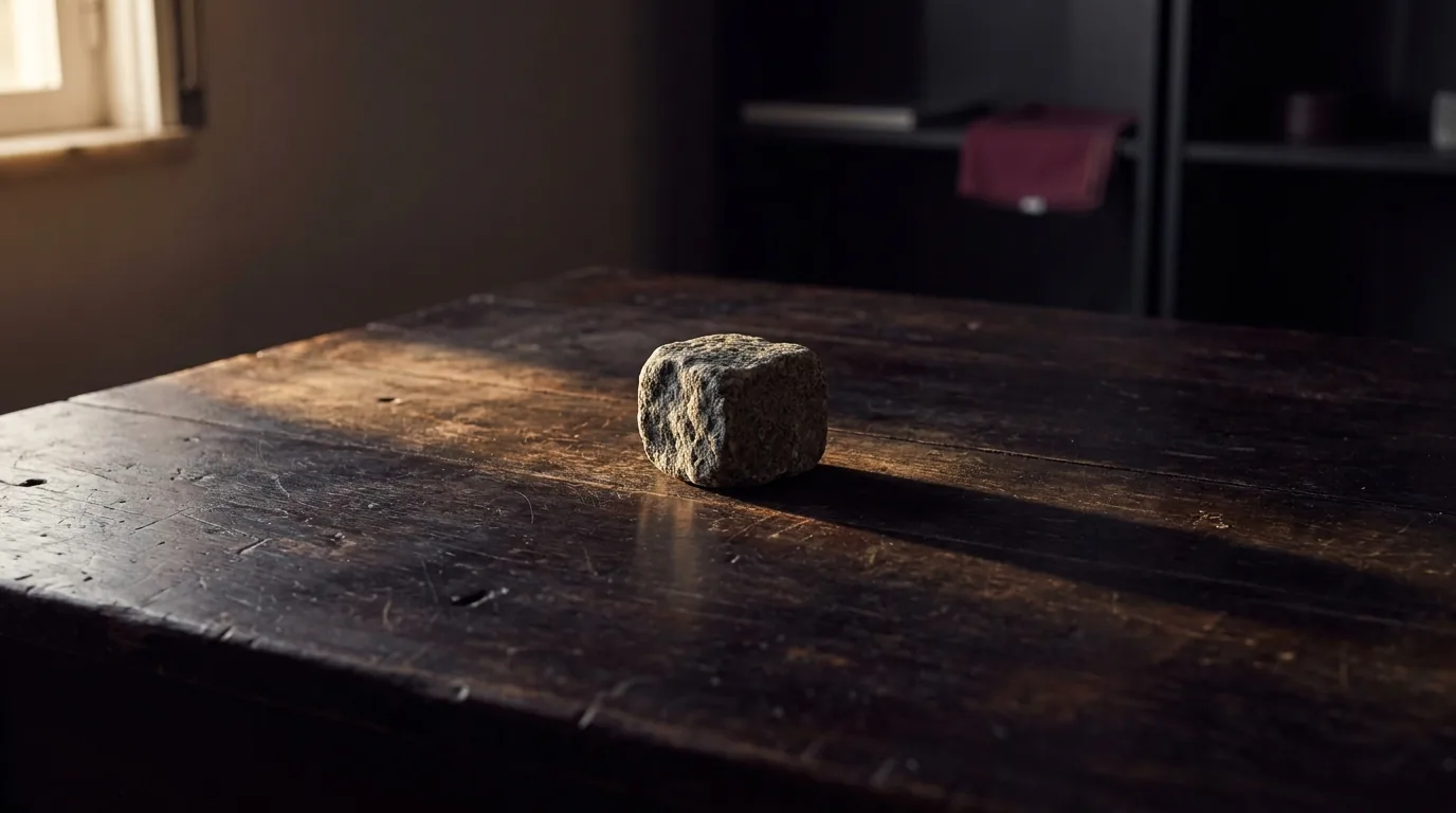 Um seixo cinza de calçada sozinho numa mesa de madeira escura e gasta, sob a luz quente de fim de tarde que entra pela esquerda, com sombra longa esticando pra direita, fundo breu de estante e vinho como única cor viva